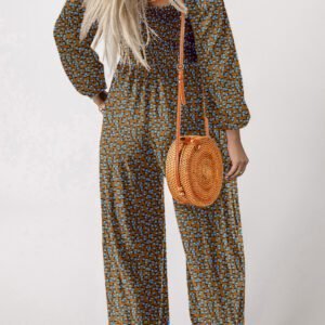 Brown Floral Print Western Smocked Bodice Square Neck Wide Leg Jumpsuit