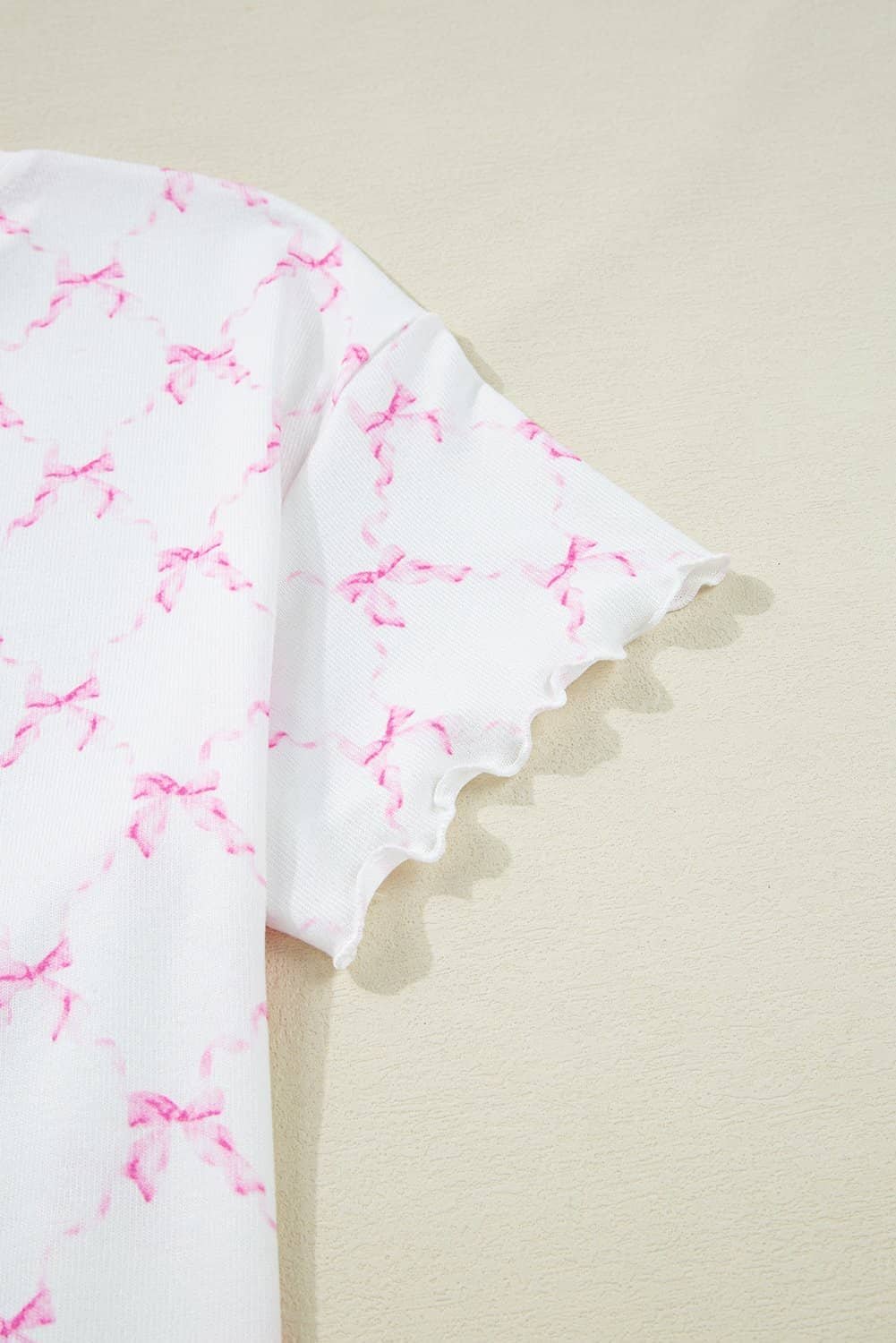 Pink Bow Knot Geometric Print Lettuce Trim Two Piece Lounge Set