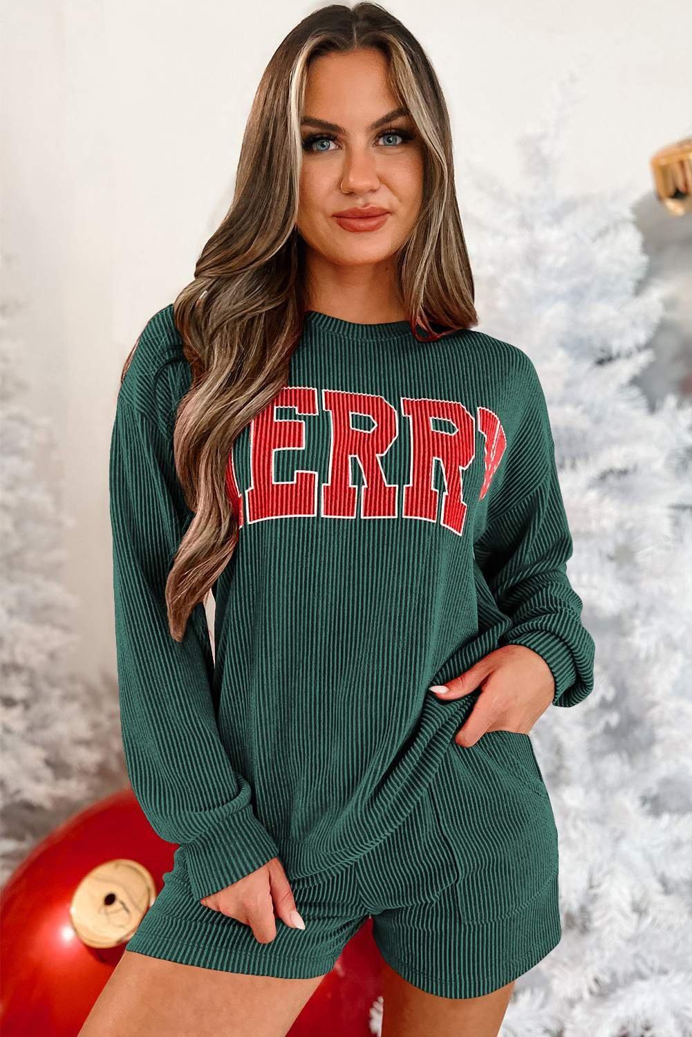 Evergreen Corded Merry Graphic Long Sleeve Top And Shorts Set