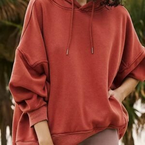 Red Clay Drop Shoulder Pocketed Baggy Drawstring Hoodie