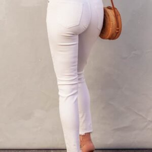 White Plain High Waist Buttons Frayed Cropped Denim Jeans