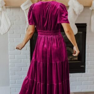 Red Dahlia Velvet Short Sleeve Shirred Waist Tiered Maxi Dress