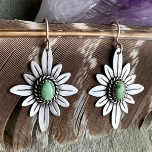 Silvery Western Turquoise Flower Shape Hook Earrings