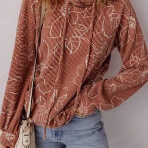 Brown Floral Twisted Rib Drawstring Kangaroo Pocket Hoodie