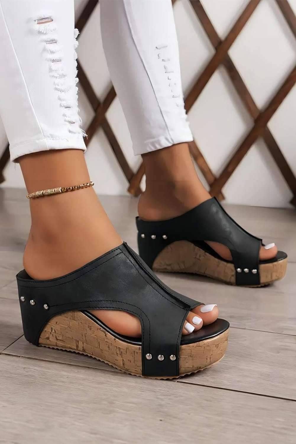 Black Hollow Out Studded Pu Leather Wedge Slippers