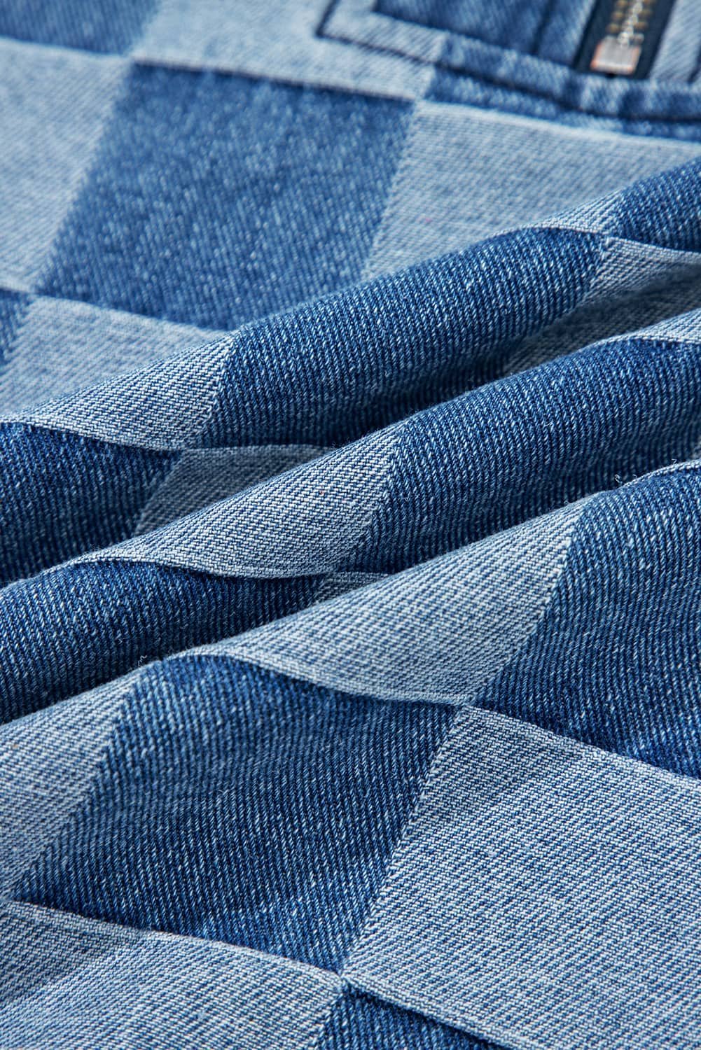 Sky Blue Checkerboard Zipped Neck Kangaroo Pocket Denim Hoodie