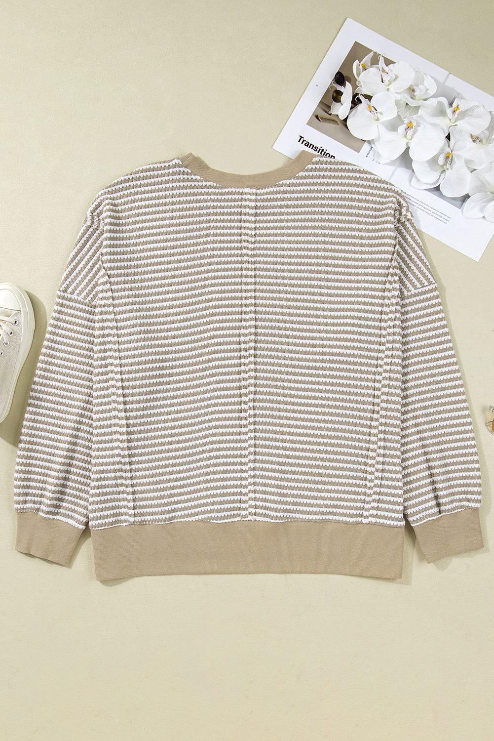 Brown Stripe Plus Size Breathable Knit Ribbed Trim Long Sleeve Top