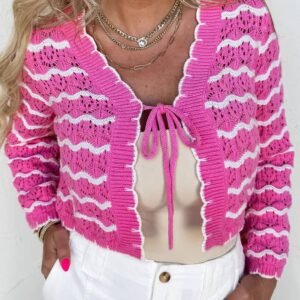 Pink Stripe Crochet Scalloped Trim Lace-Up Front Cropped Cardigan