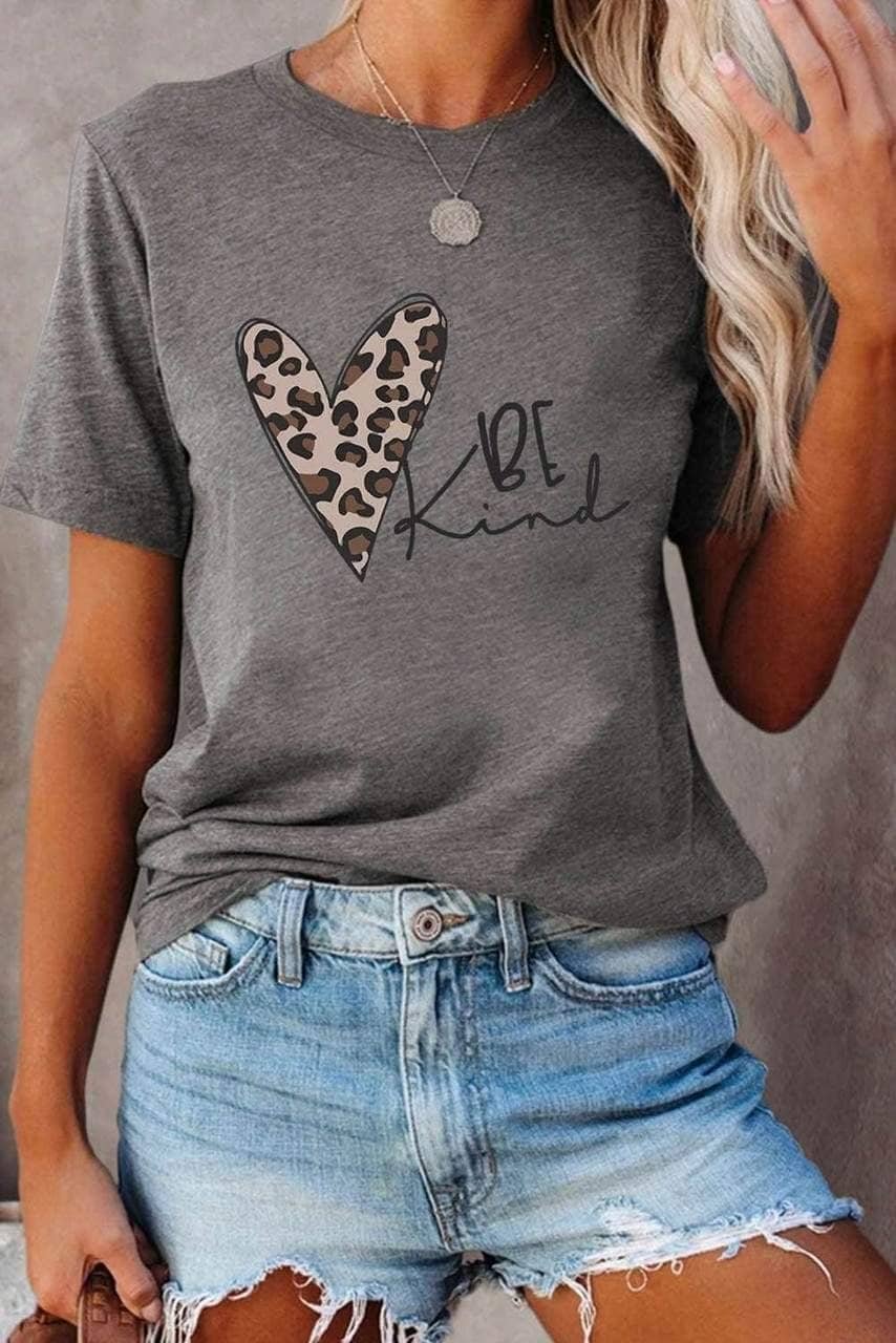 Be Kind Leopard Heart Shape Print Short Sleeve T-Shirt