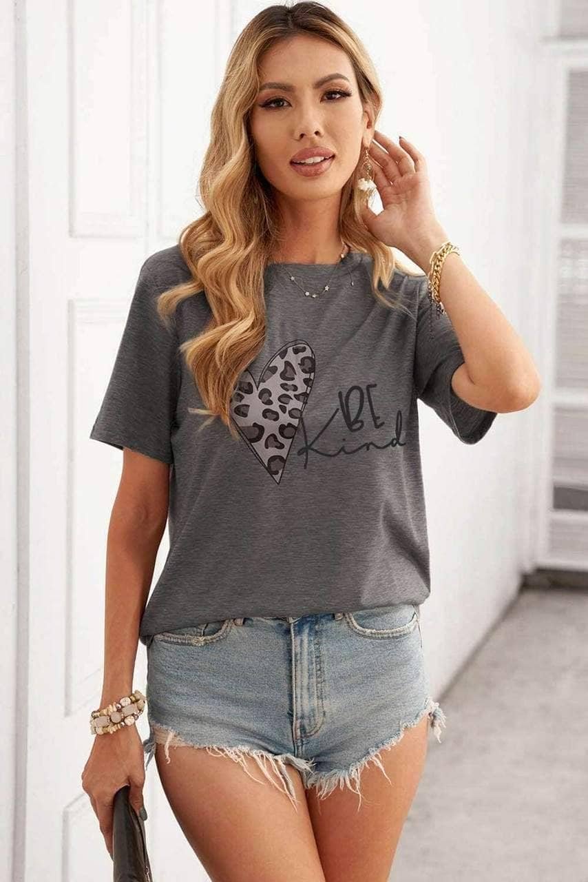 Be Kind Leopard Heart Shape Print Short Sleeve T-Shirt