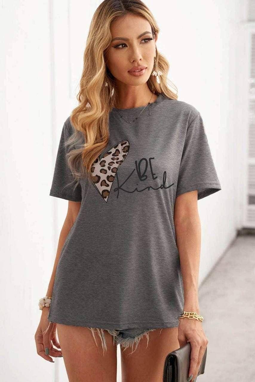Be Kind Leopard Heart Shape Print Short Sleeve T-Shirt