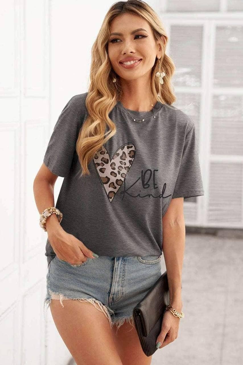 Be Kind Leopard Heart Shape Print Short Sleeve T-Shirt