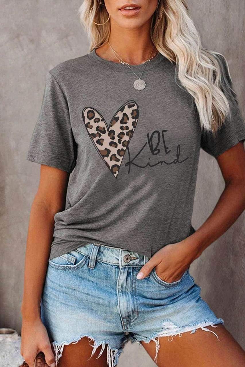 Be Kind Leopard Heart Shape Print Short Sleeve T-Shirt