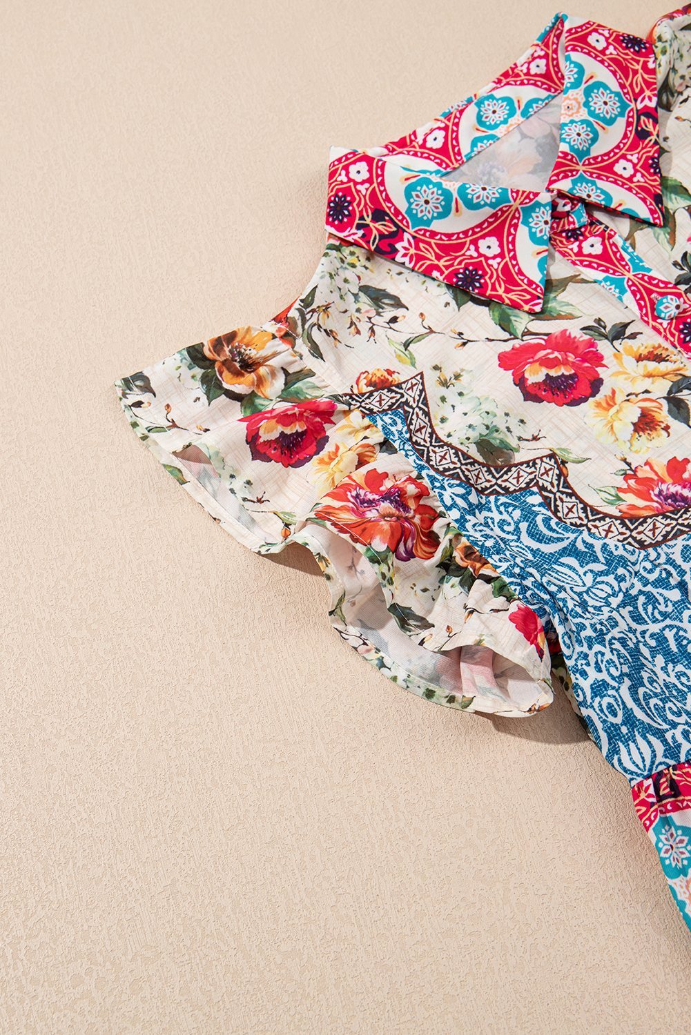 Rose Floral Mixed Pattern Ruffle Flutter Sleeve Buttoned Dress