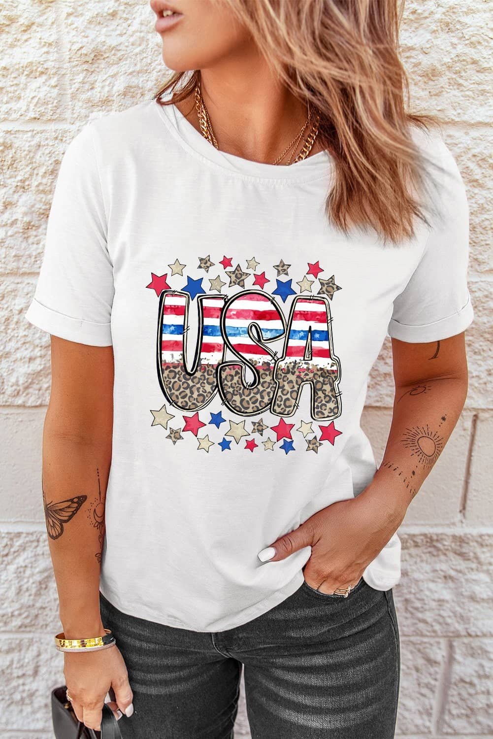 White Patriotic Star Leopard Usa Letter Graphic T Shirt
