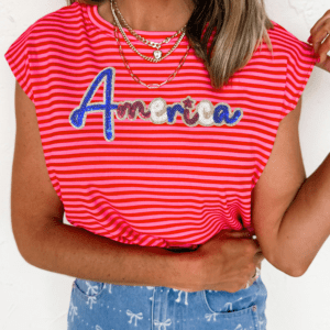 Red Stripe Sequin America Letter Patched Cap Sleeve Top