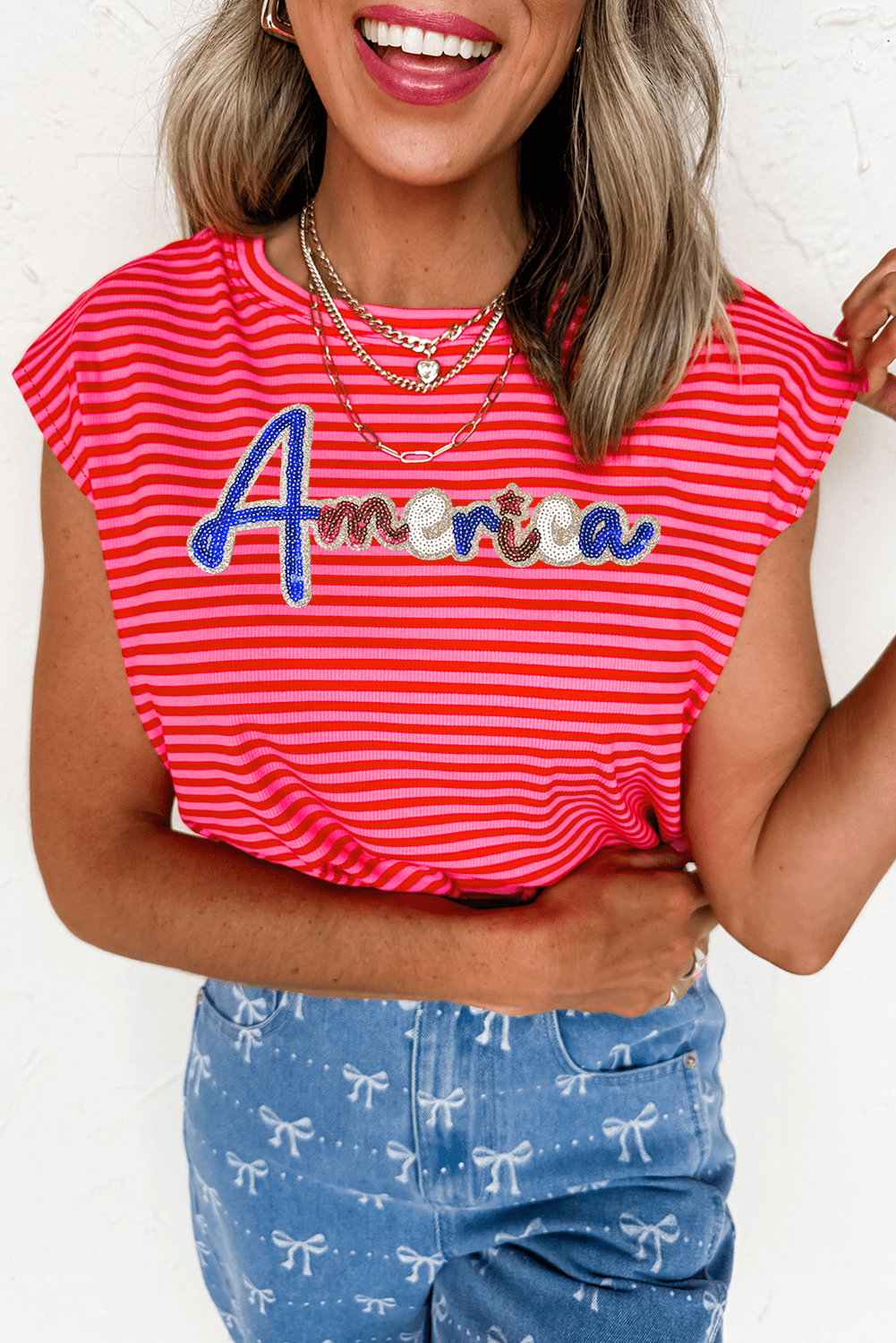 Red Stripe Sequin America Letter Patched Cap Sleeve Top
