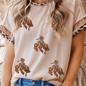 Jet Stream Sequin Rodeo Patch Twisted Rib Colorblock Leopard Trim T Shirt