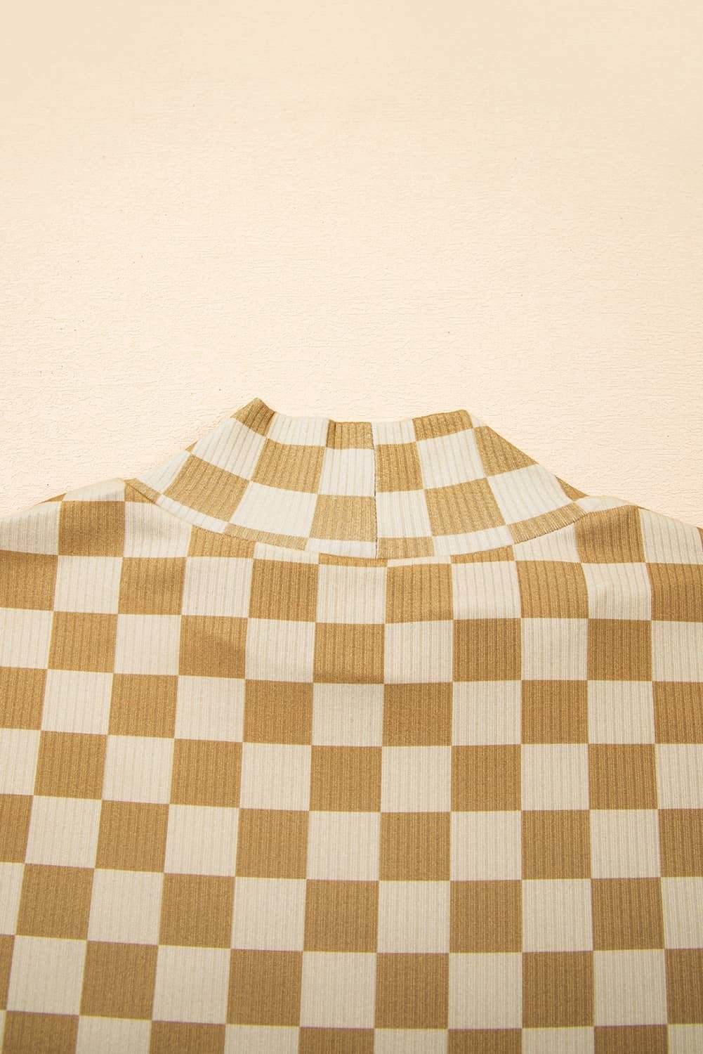 Khaki Check Pattern Turtleneck Ribbed Slim Long Sleeve Tee