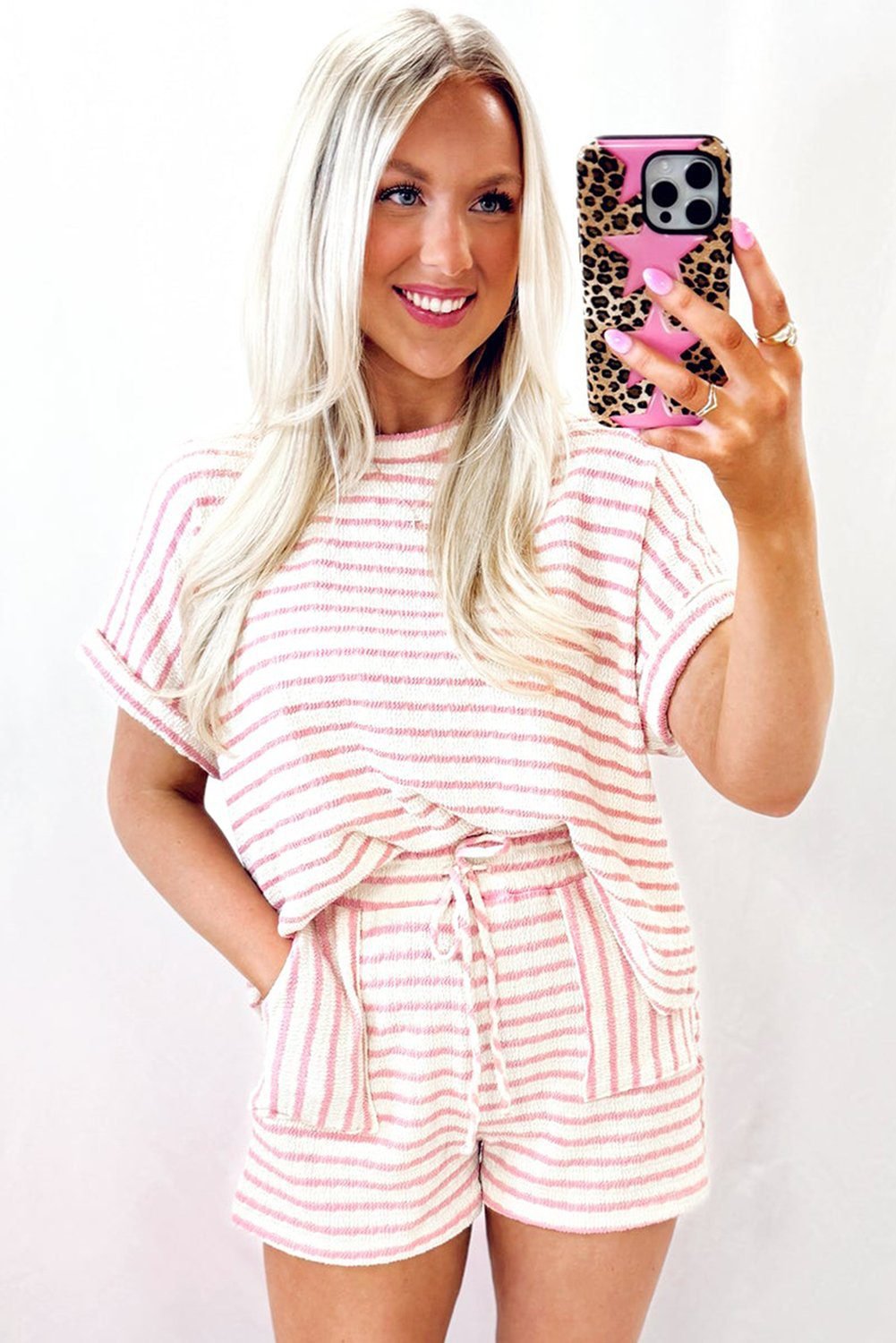 Pink Stripe Knitted Short Sleeve Top And Drawstring Shorts Set
