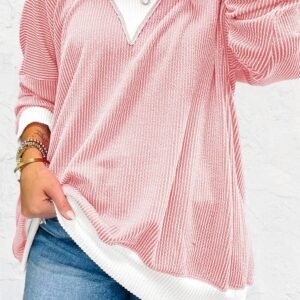 Peach Blossom Corded Colorblock Drop Shoulder Loose Top