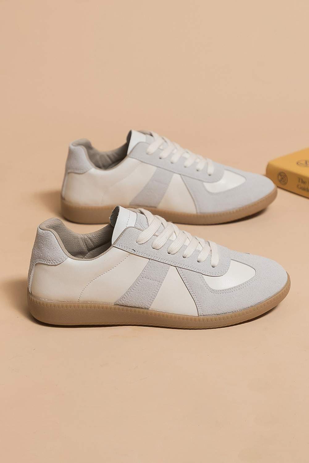 Beige Pu Leather Suede Patched Lace-Up Flat Shoes