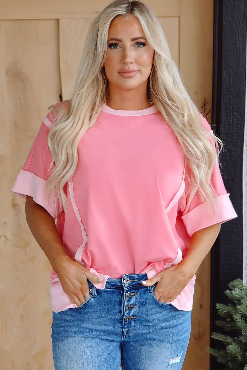 Peach Blossom Half Sleeve Raw Seam High Low Side Split Top