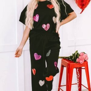 Black Sequin Heart Popping Graphic Textured 2Pcs Outfit