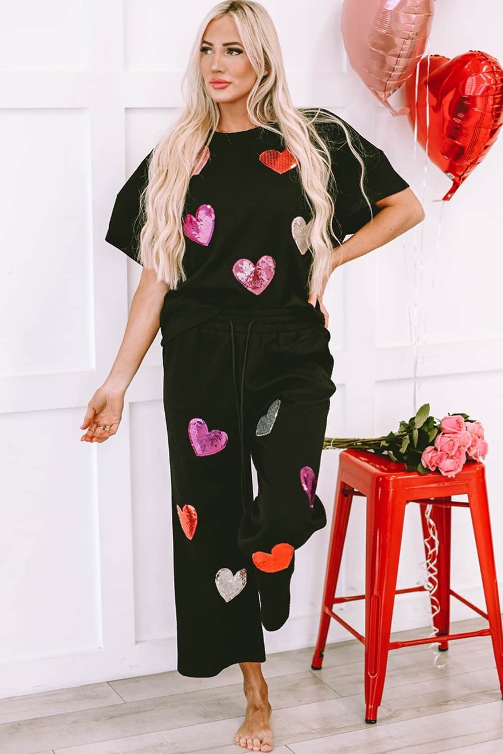 Black Sequin Heart Popping Graphic Textured 2Pcs Outfit