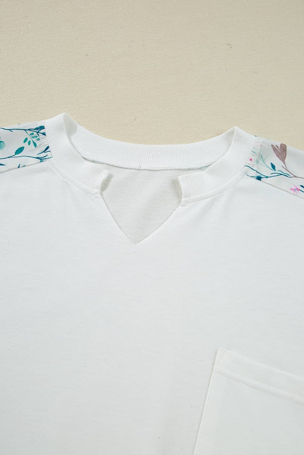 White Floral Colorblock Patchwork Chest Pocket Notched Neck Long Sleeve Top