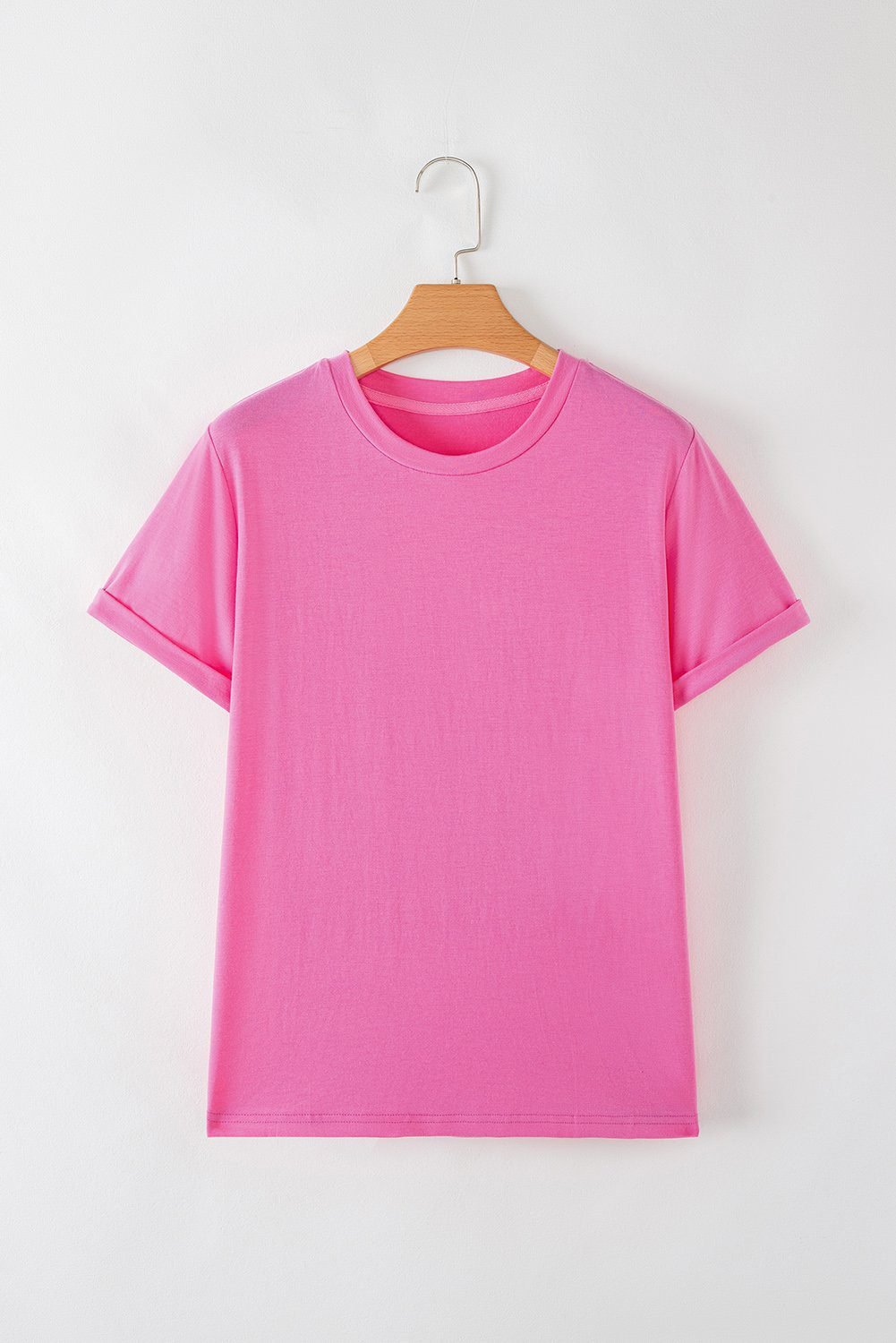 Sachet Pink Bright Casual Plain Crew Neck Tee