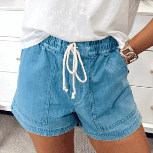 Beau Blue Contrast Drawstring Elastic Waist Denim Shorts