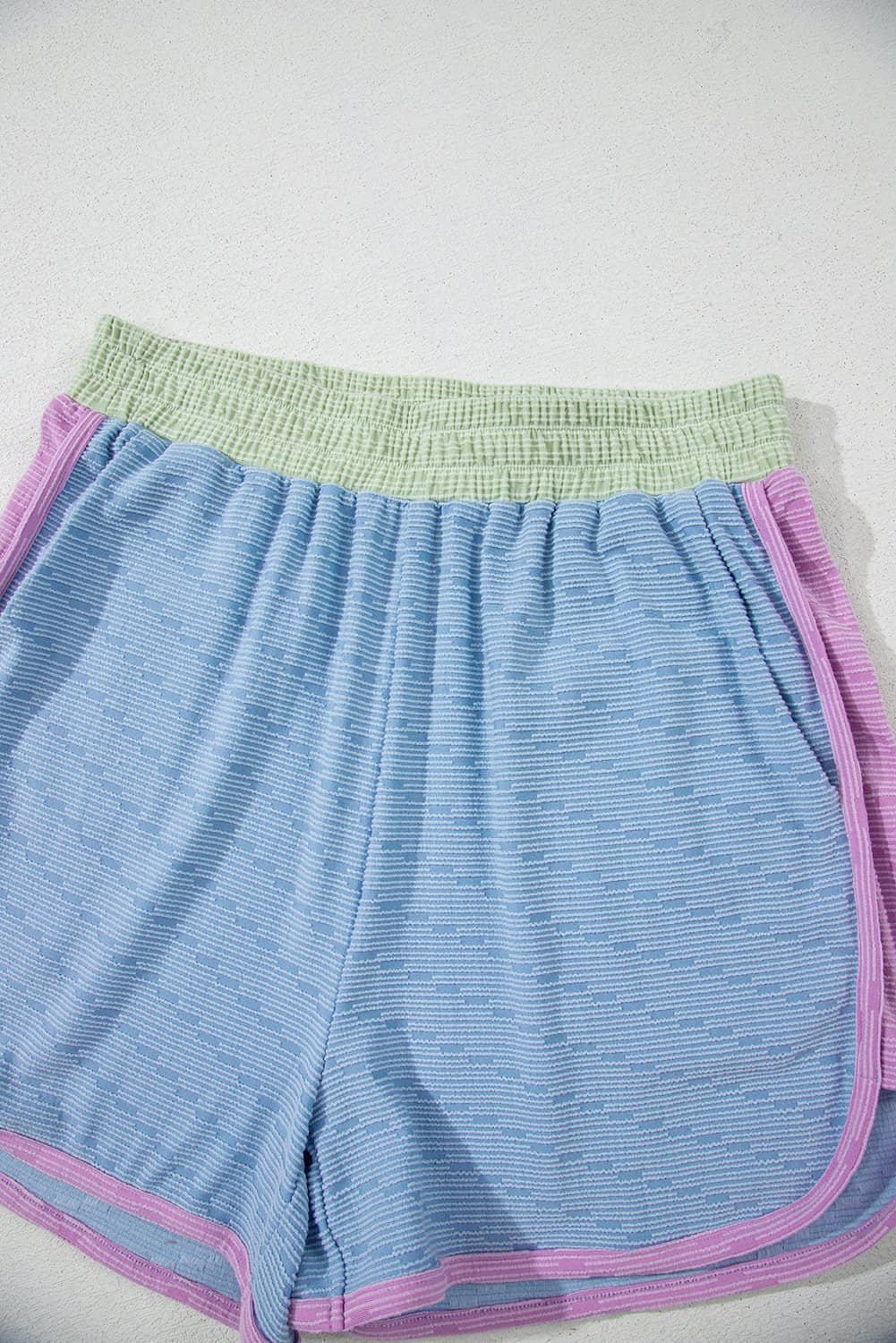 Beau Blue Corded Knit Contrast Trim Round Neck Cap Sleeve 2Pcs Short Set