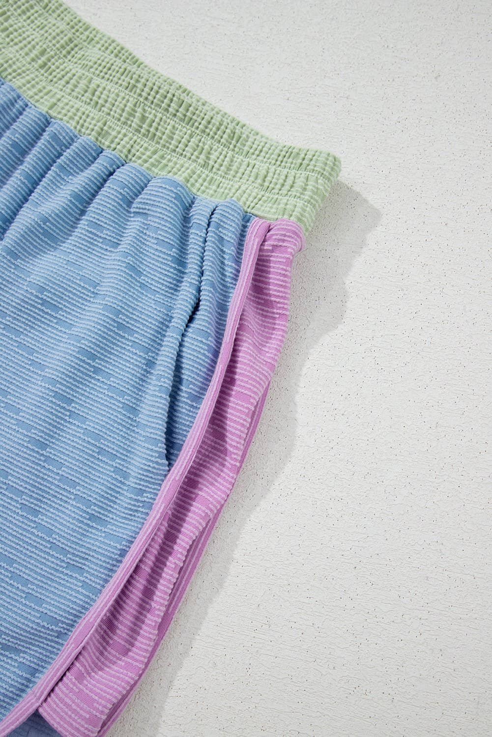 Beau Blue Corded Knit Contrast Trim Round Neck Cap Sleeve 2Pcs Short Set