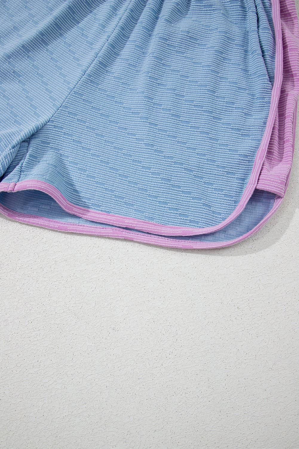 Beau Blue Corded Knit Contrast Trim Round Neck Cap Sleeve 2Pcs Short Set