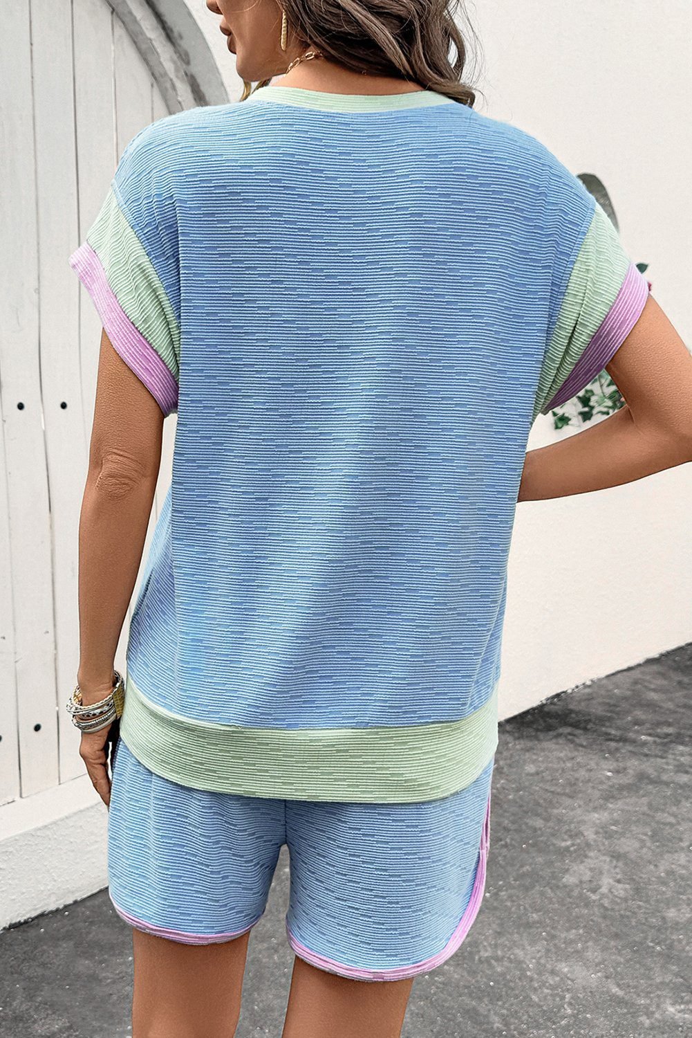 Beau Blue Corded Knit Contrast Trim Round Neck Cap Sleeve 2Pcs Short Set