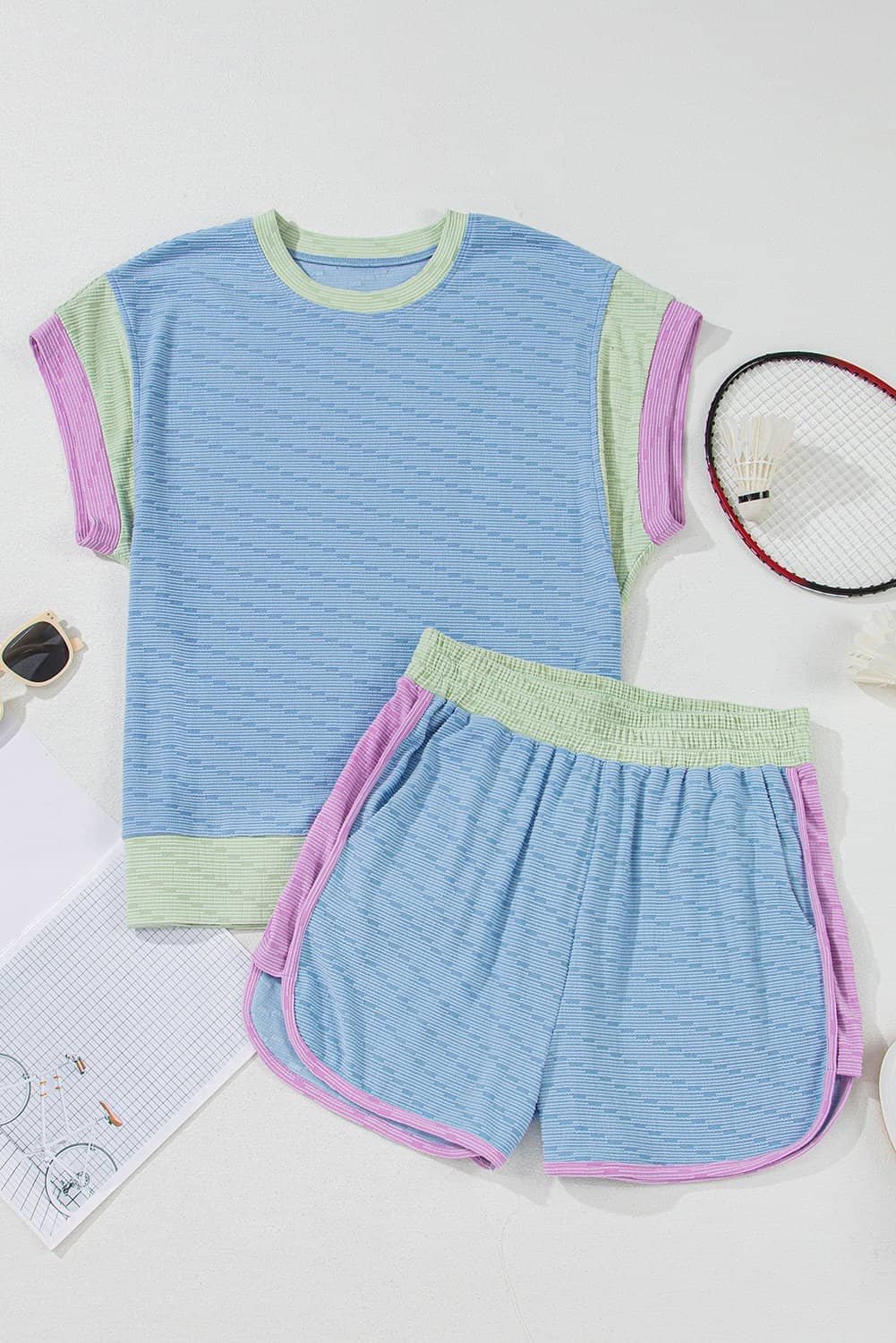 Beau Blue Corded Knit Contrast Trim Round Neck Cap Sleeve 2Pcs Short Set
