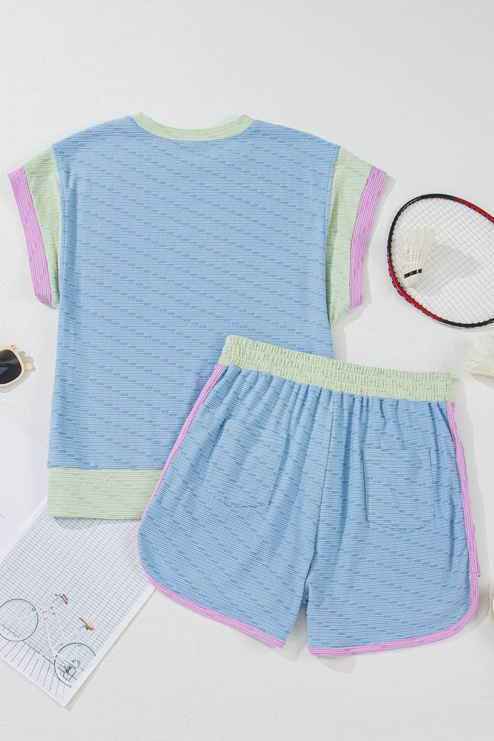 Beau Blue Corded Knit Contrast Trim Round Neck Cap Sleeve 2Pcs Short Set