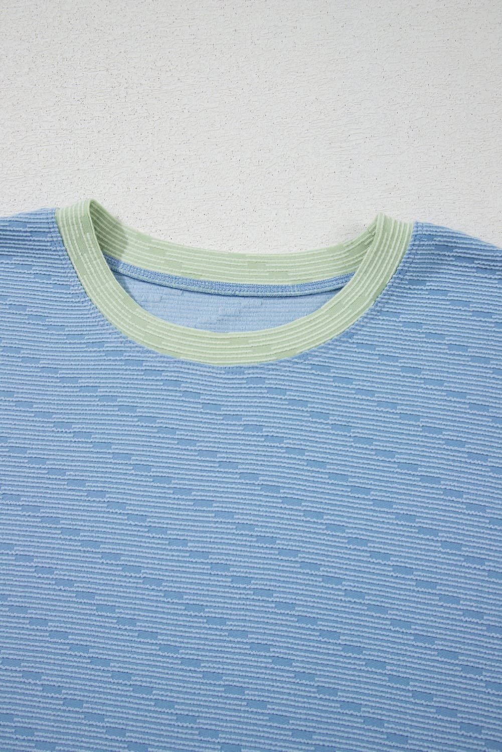 Beau Blue Corded Knit Contrast Trim Round Neck Cap Sleeve 2Pcs Short Set