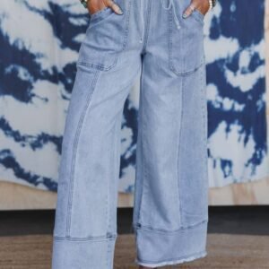 Beau Blue Drawstring Seam Detail Raw Hem Wide Leg Denim Pants