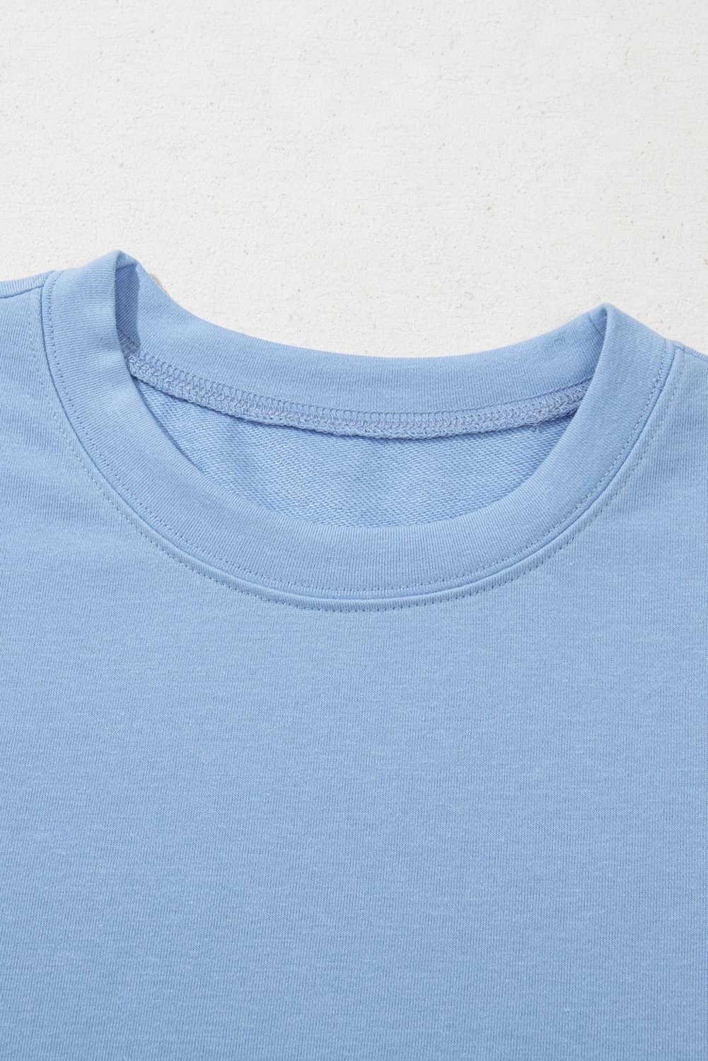 Beau Blue Eyelet Flower Embroidered Puff Short Sleeve Patchwork Crew Neck Blouse