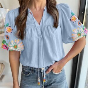 Beau Blue Floral Embroidered Puff Sleeve Split Neck Blouse