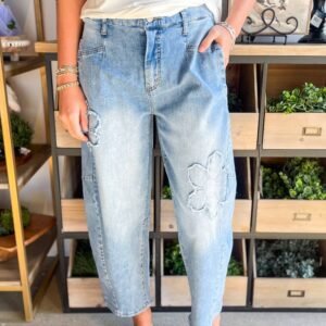 Beau Blue Flower Patched Light Wash Cropped High Waist Jeans