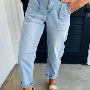 Beau Blue High Rise Barrel Relaxed Patch Pocket Jeans