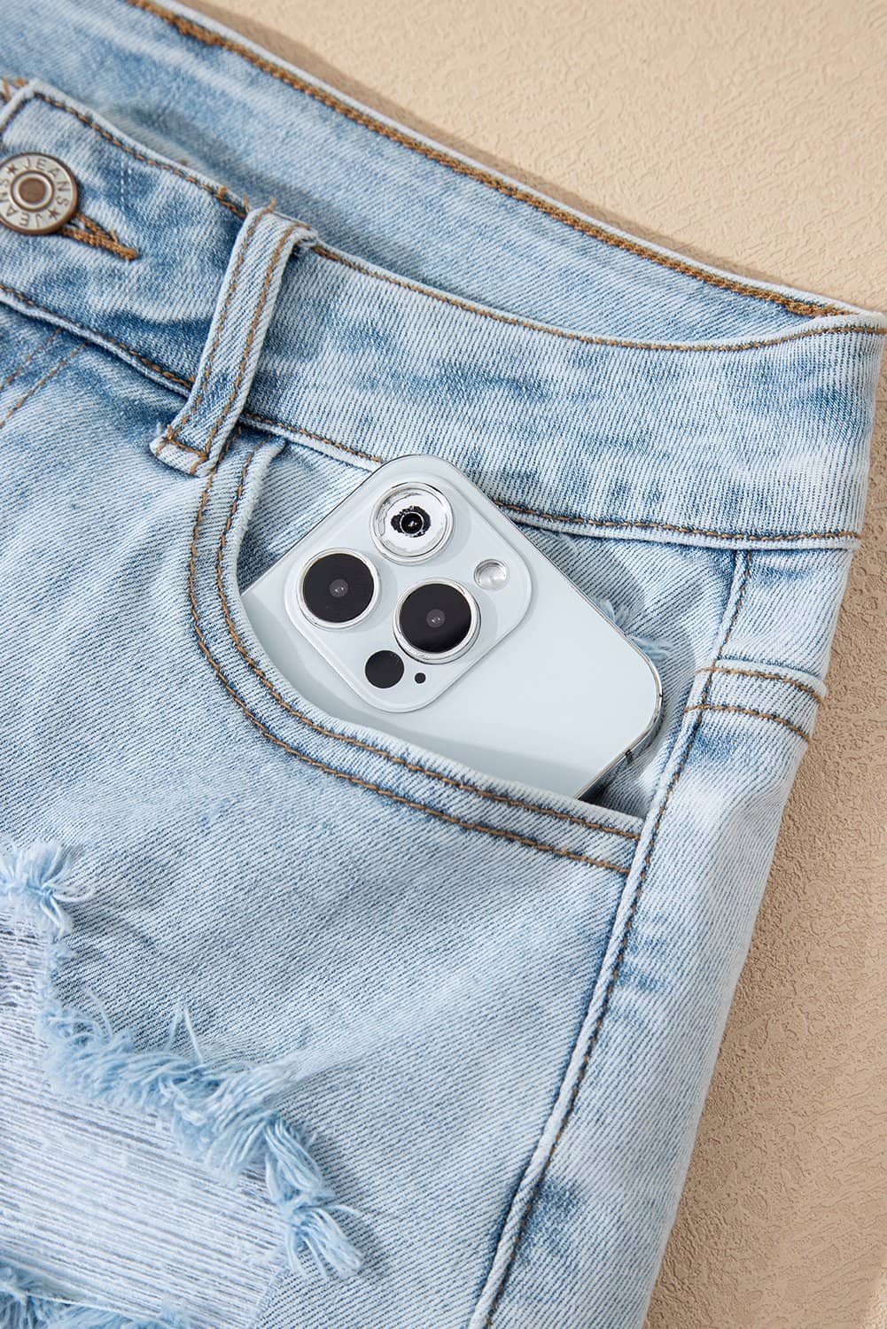 Beau Blue High Rise Distressed Raw Hem Denim Shorts