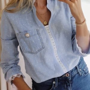 Beau Blue Lace Trim Patchwork Dotted Print Collared Denim Blouse