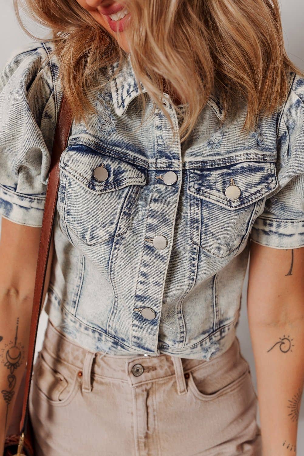 Beau Blue Light Wash Buttoned Chest Pocket Puff Sleeve Denim Jacket
