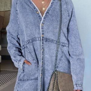 Beau Blue Mineral Wash Long Sleeve Button Up Raw Hem Pocketed Denim Dress