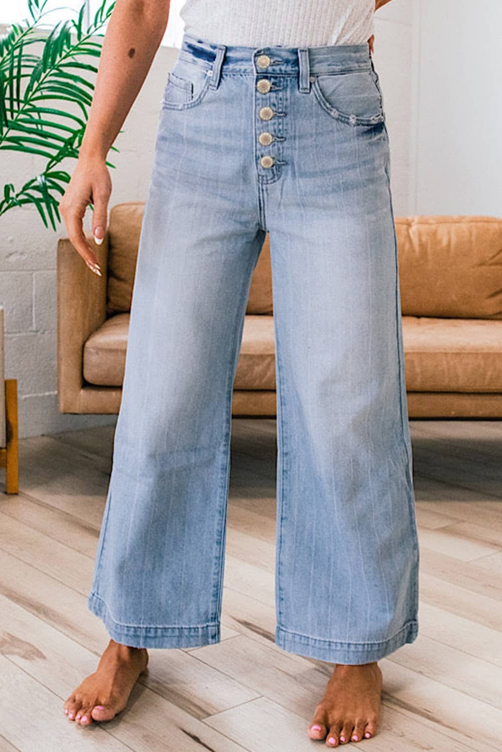 Beau Blue Multi Buttons Pinstripe Wide Leg Jeans