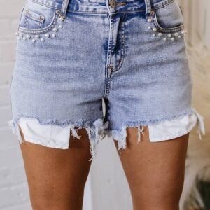 Beau Blue Pearl Studded Pockets Raw Hem Denim Shorts